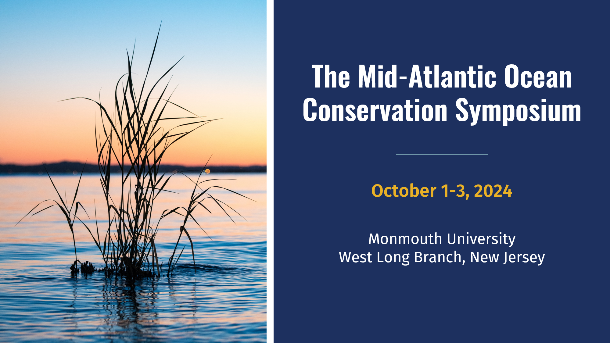 An image of a tidal marsh at sunset with text reading: Mid-Atlantic Ocean Conservation Summit October 1-3, 2024 Monmouth University West Long Branch, New Jersey